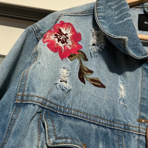 Haute Monde L.A designed distress long denim embroidery jacket sz L - Picture 5 of 9